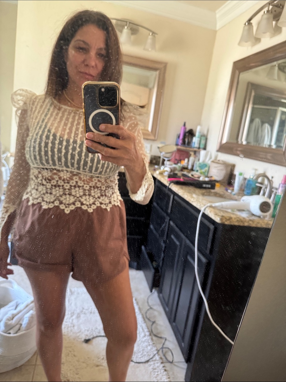 Zara Ivory Dotted Mesh Lace-Trim Long Sleeve Blouse - Picture 7 of 7